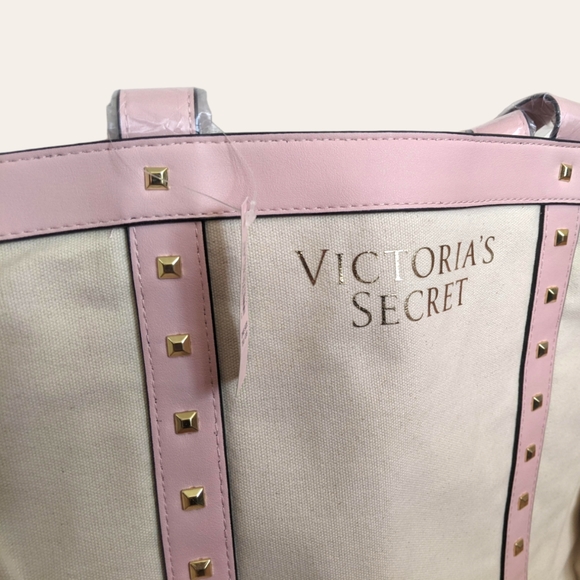 NWT Victoria's Secret Large White and Pink Tote Beach Travel Bag Rhinestones - Picture 3 of 6